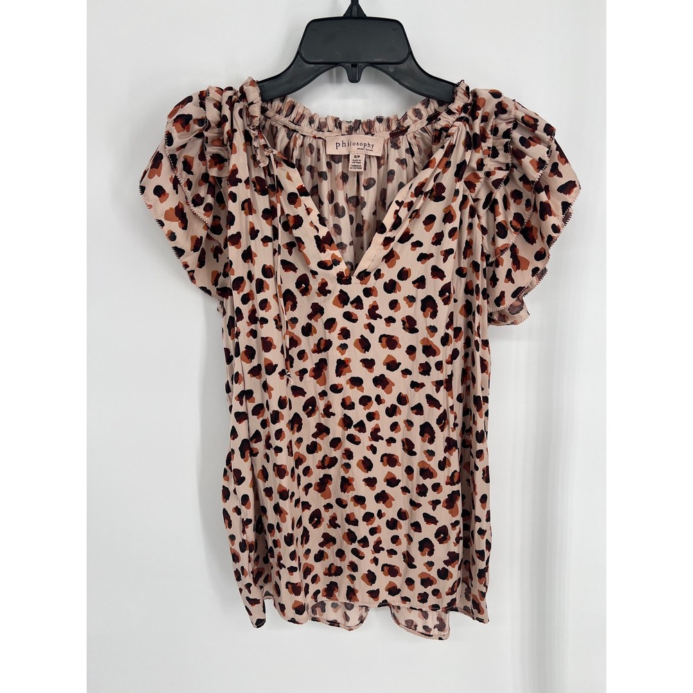 Philosophy Republic Clothing Leopard Print Ruffle Sleeve Blouse Tan Brown Small